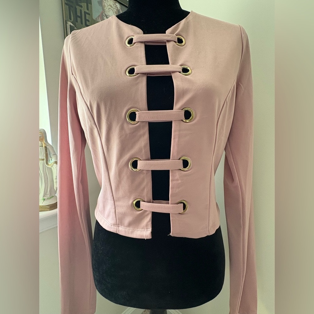 Chic Pink Long Sleeve Jacket with Gold Details